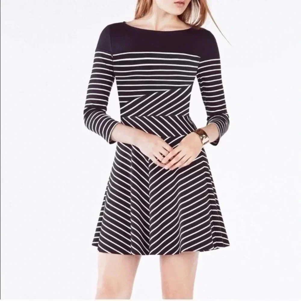 BCBGMAXAZRIA | Koryn Black & White Stripe A-Line Cocktail Dress Size XS